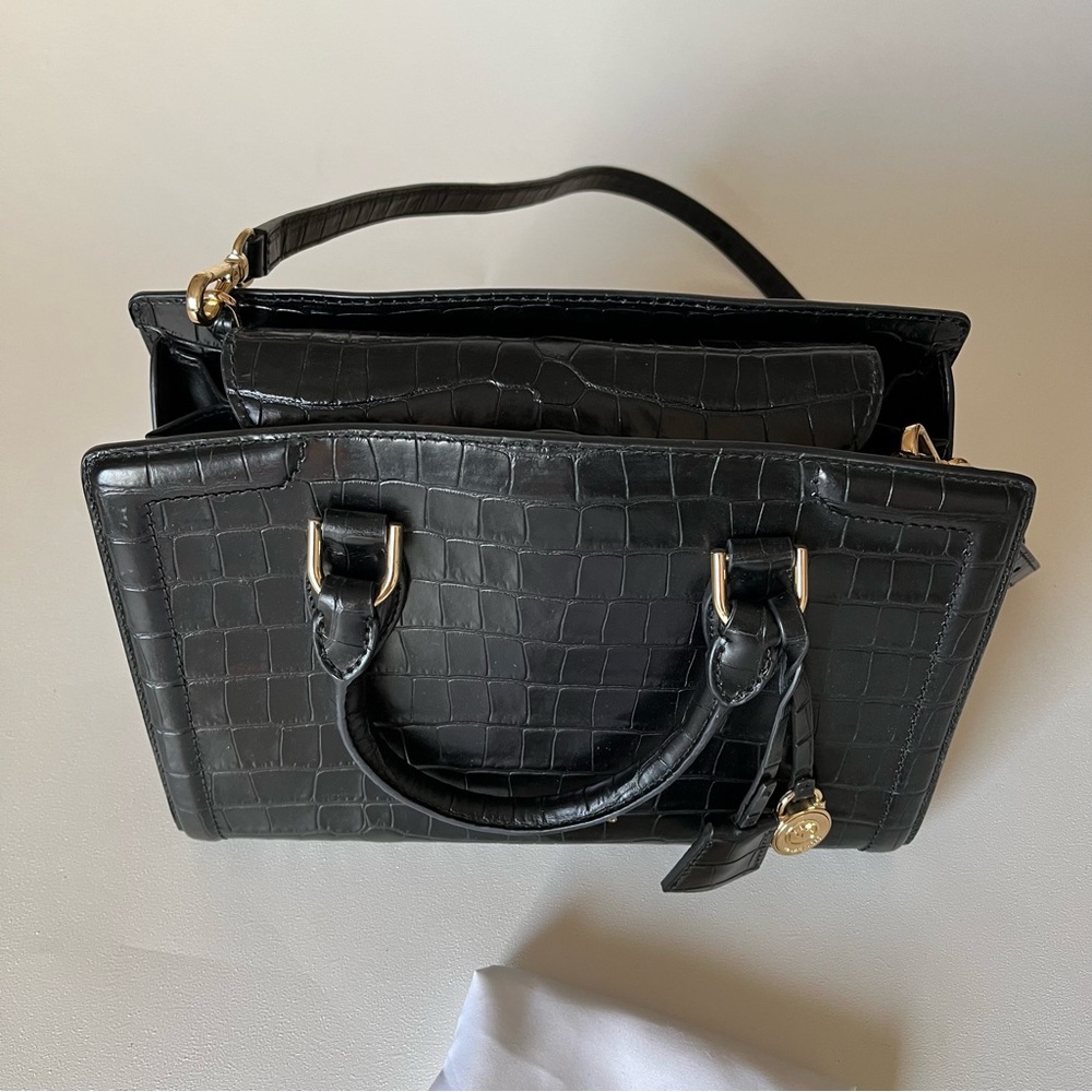 Michael Kors Zoe Crocodile Embossed Leather Satchel Bag Gold Hardware - Picture 3 of 11